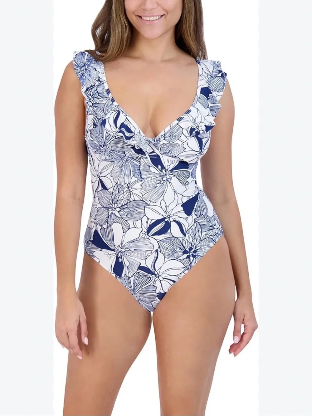 Stella Parker Collection XL One Piece Swimsuit Navy Floral Ruffle Resort J47